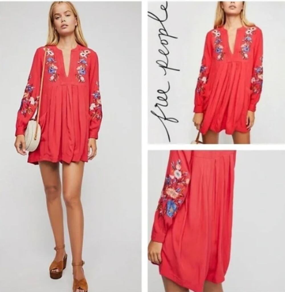 Free People Mia Red Embroidered Peasant Dress M Boho Chic Floral Shift Mini